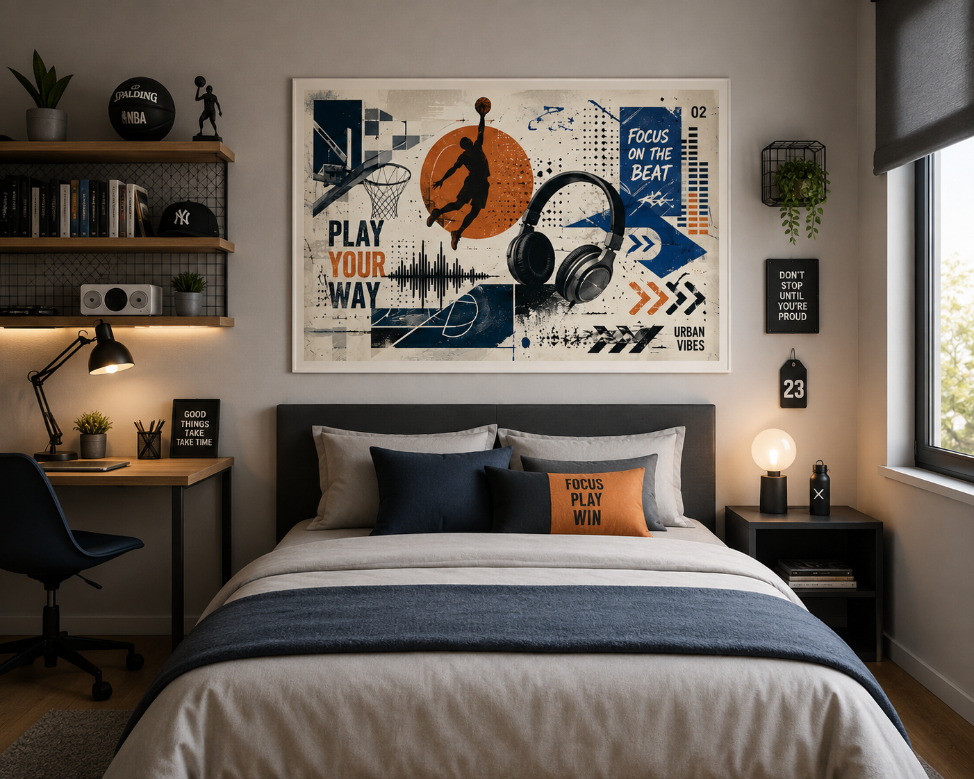Póster adhesivo Pulso Urbano Horizontal de 100 × 150 cm instalado sobre una cama de 135 cm en un dormitorio juvenil.