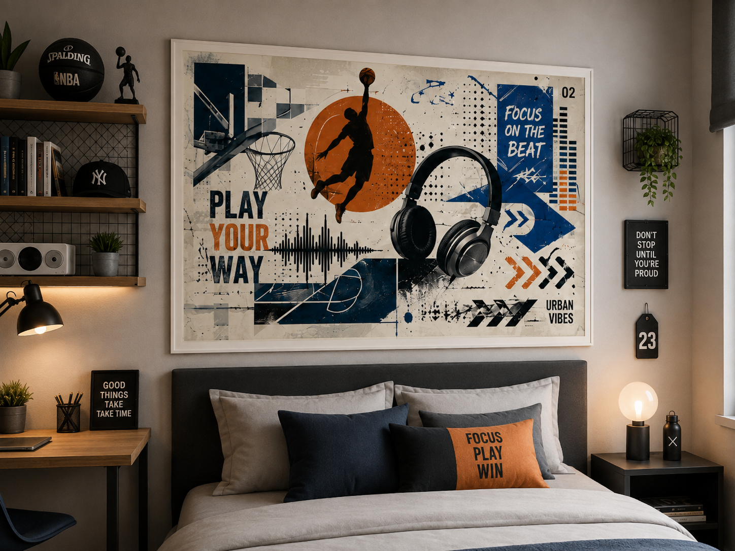 Póster Pulso Urbano Horizontal sobre el cabecero de un dormitorio  adolescente con decoración urbana.