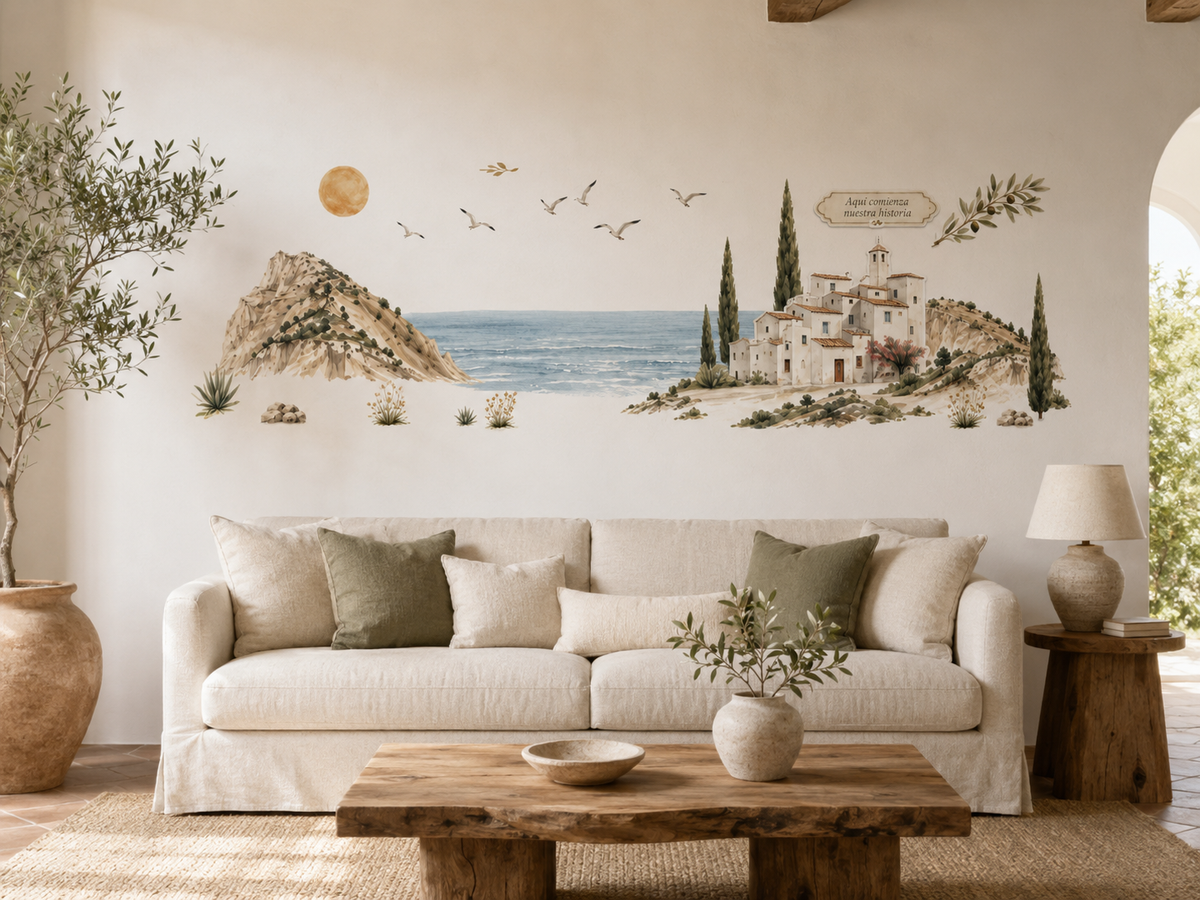 Vinilo Siluetas del Mediterráneo instalado en la pared de un salón.