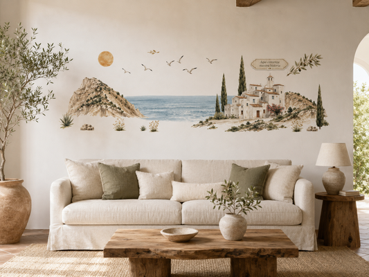 Vinilo Siluetas del Mediterráneo instalado en la pared de un salón.