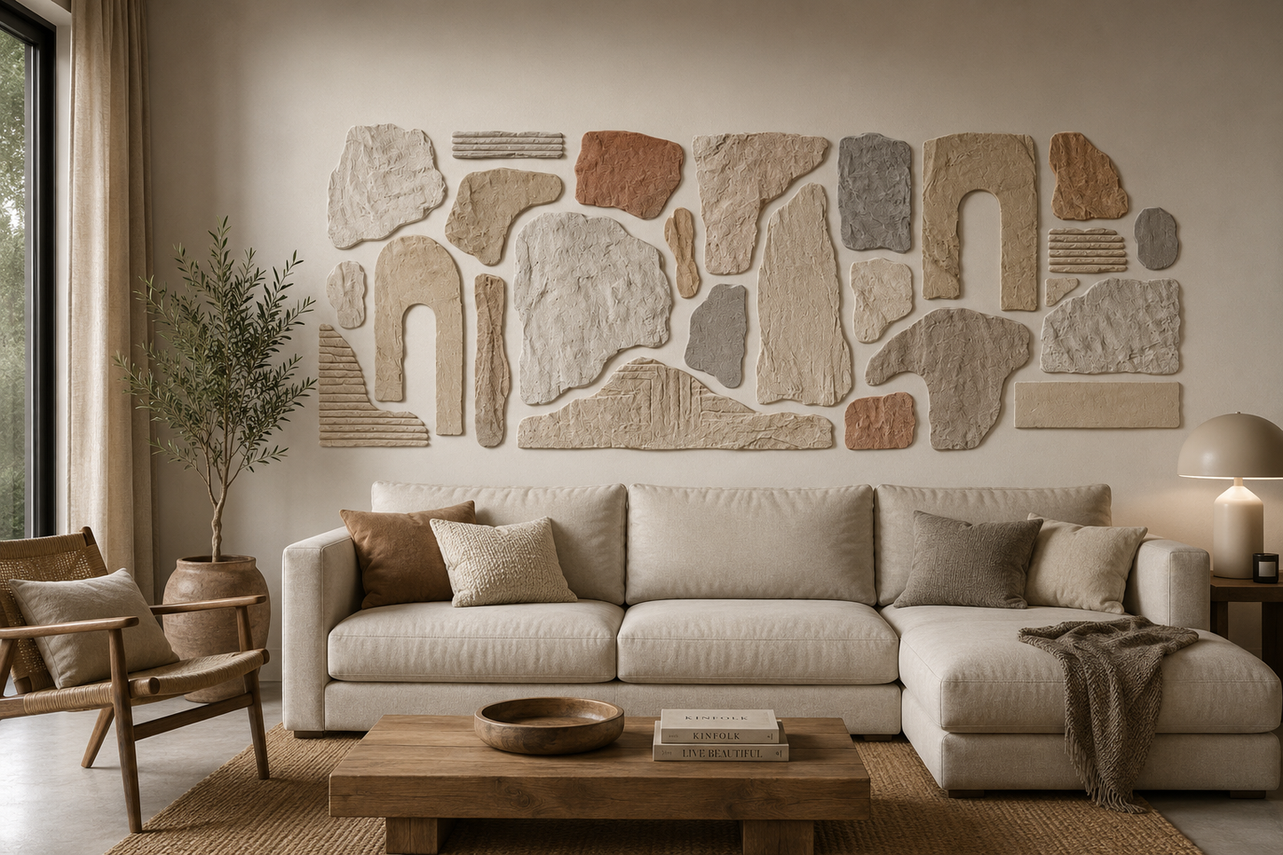 Vinilo Relieve Mineral instalado sobre el sofá de un salón en tonos naturales.