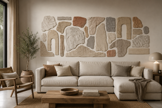 Vinilo Relieve Mineral instalado sobre el sofá de un salón en tonos naturales.