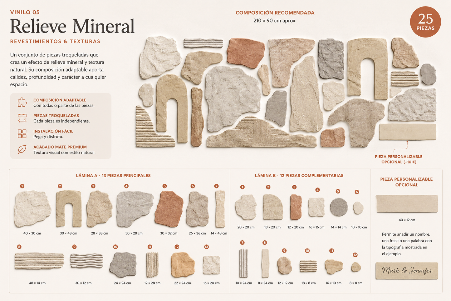 Lámina técnica del vinilo Relieve Mineral con sus piezas, medidas y elemento personalizable.