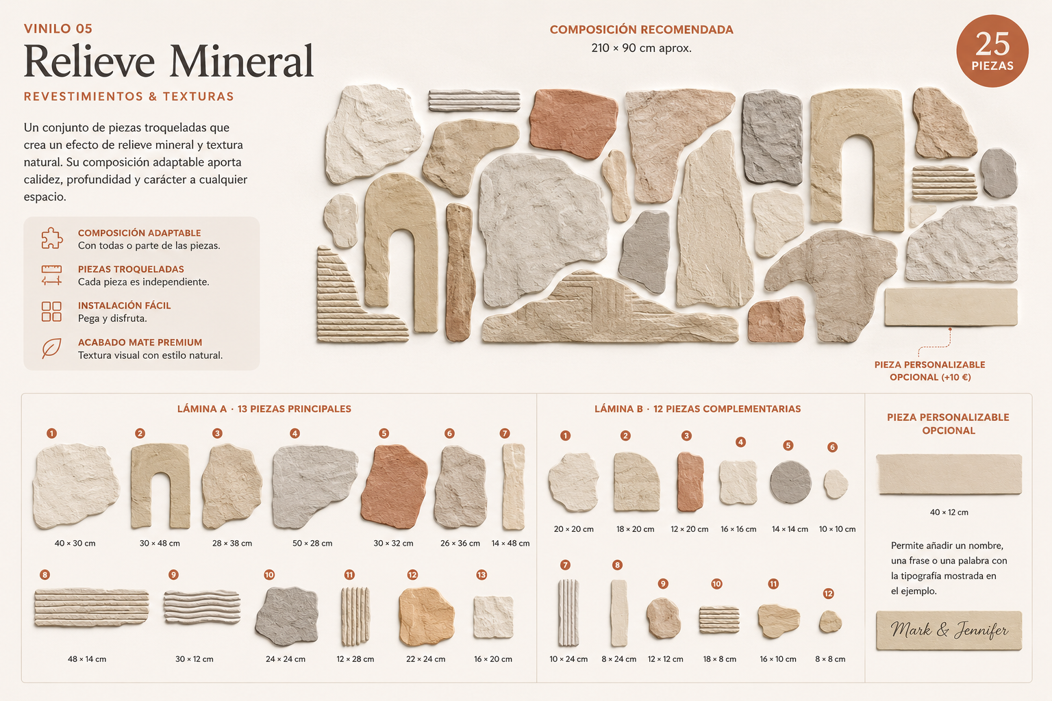 Lámina técnica del vinilo Relieve Mineral con sus piezas, medidas y elemento personalizable.