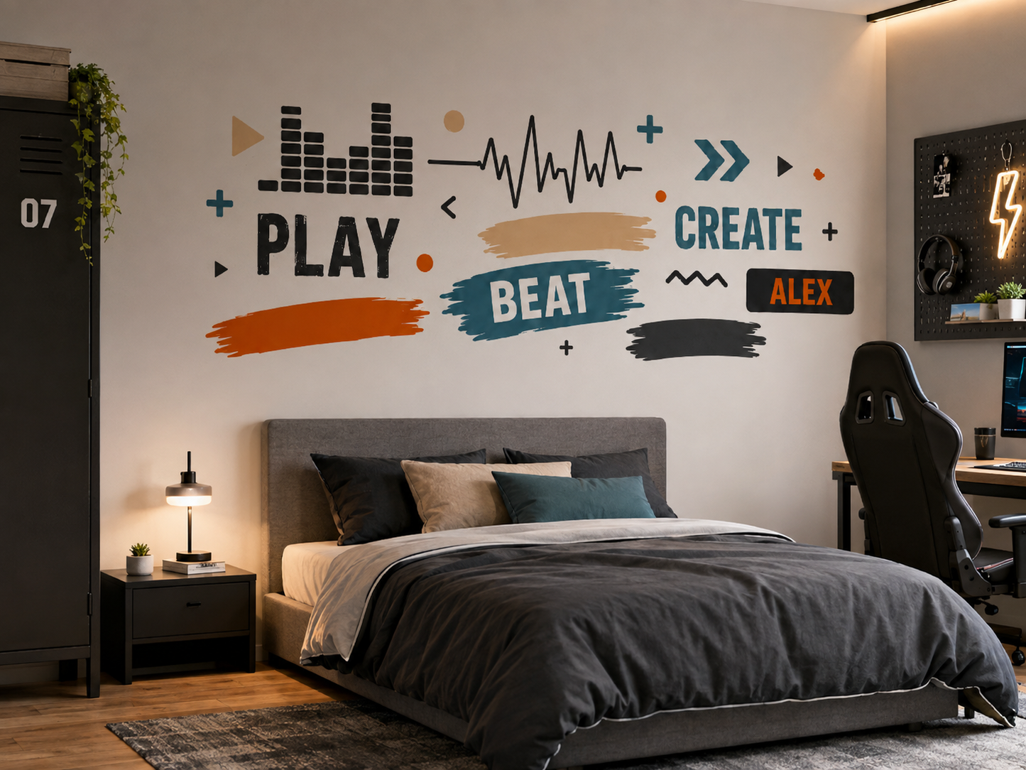 Vinilo Frecuencia Urbana instalado en un dormitorio juvenil con zona gaming.