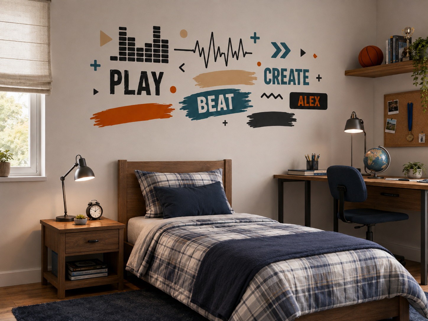 Vinilo Frecuencia Urbana instalado sobre una cama juvenil de 90 cm de un dormitorio.