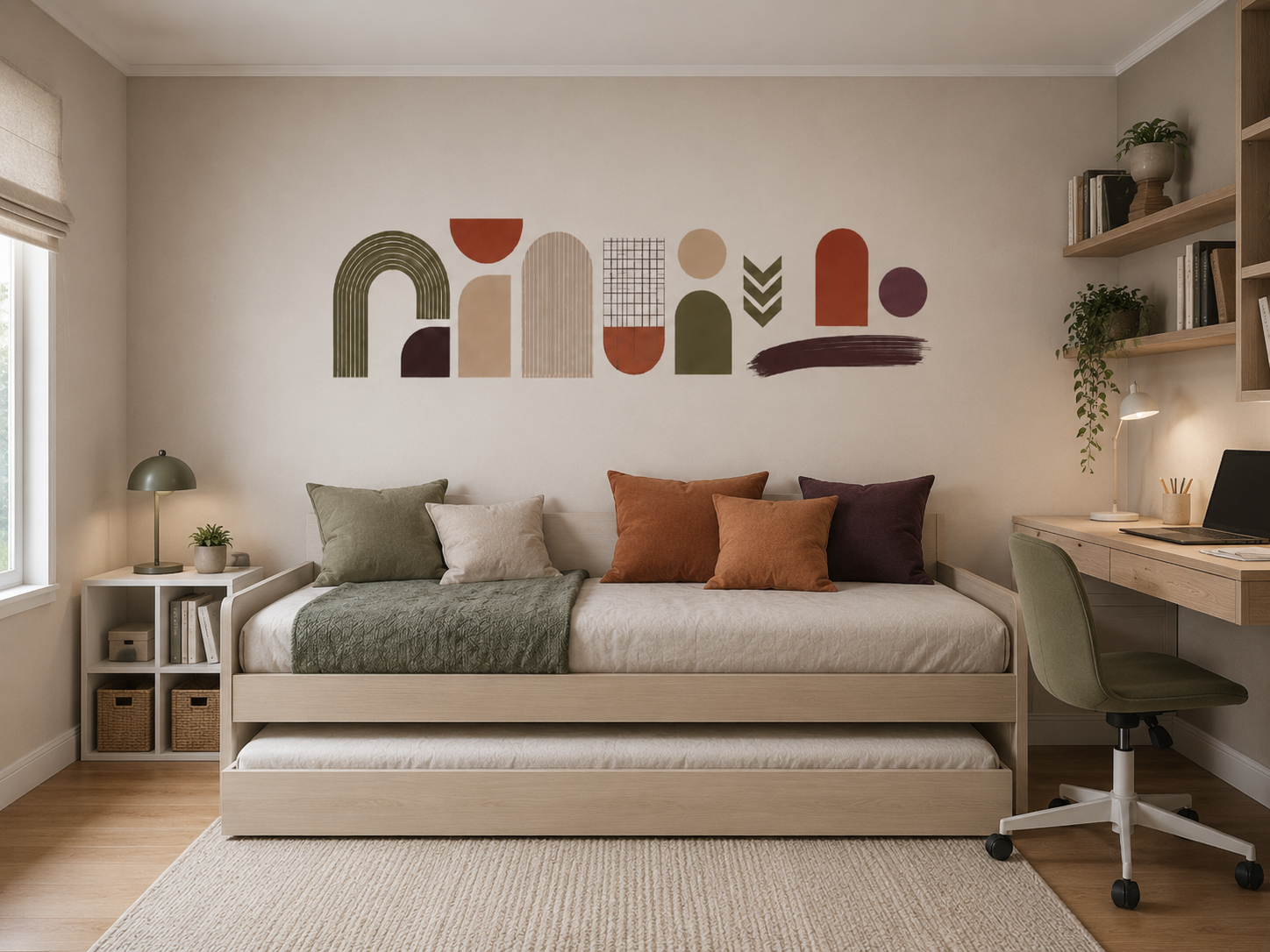 Vinilo Neo Studio instalado sobre una cama nido transversal en un dormitorio juvenil.