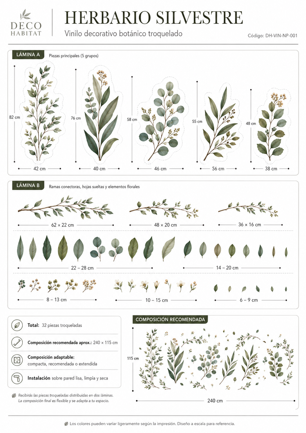 Lámina técnica del vinilo decorativo botánico Herbario Silvestre con sus piezas y medidas.