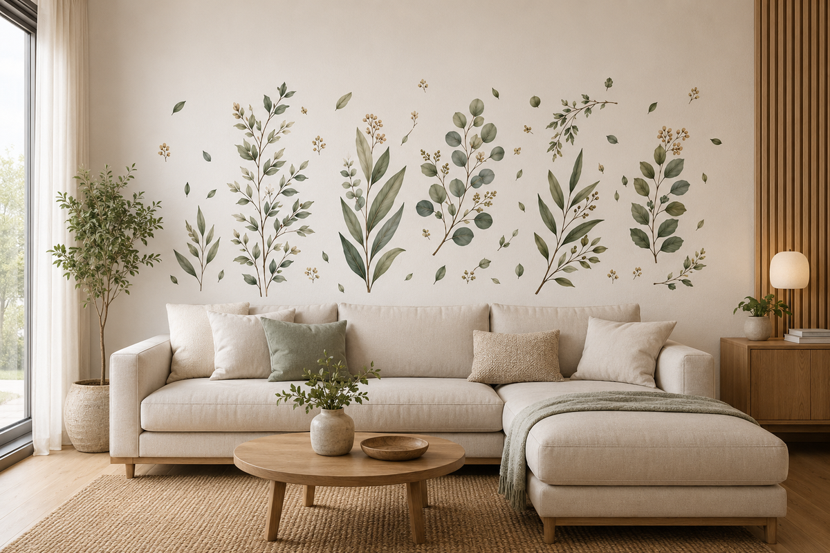 Vinilo decorativo Herbario Silvestre colocado en la pared de un salón detrás del sofá.