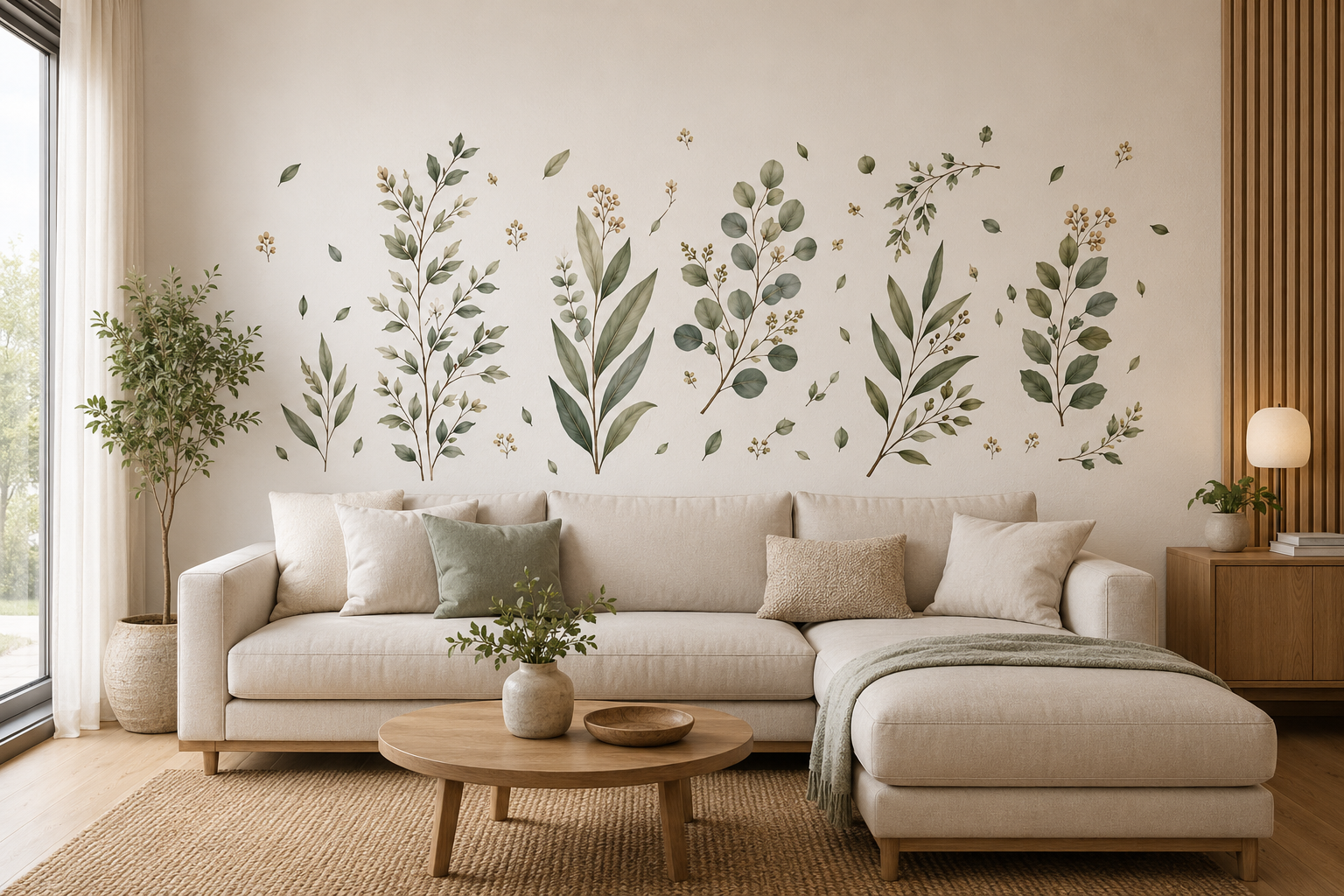 Vinilo decorativo Herbario Silvestre colocado en la pared de un salón detrás del sofá.