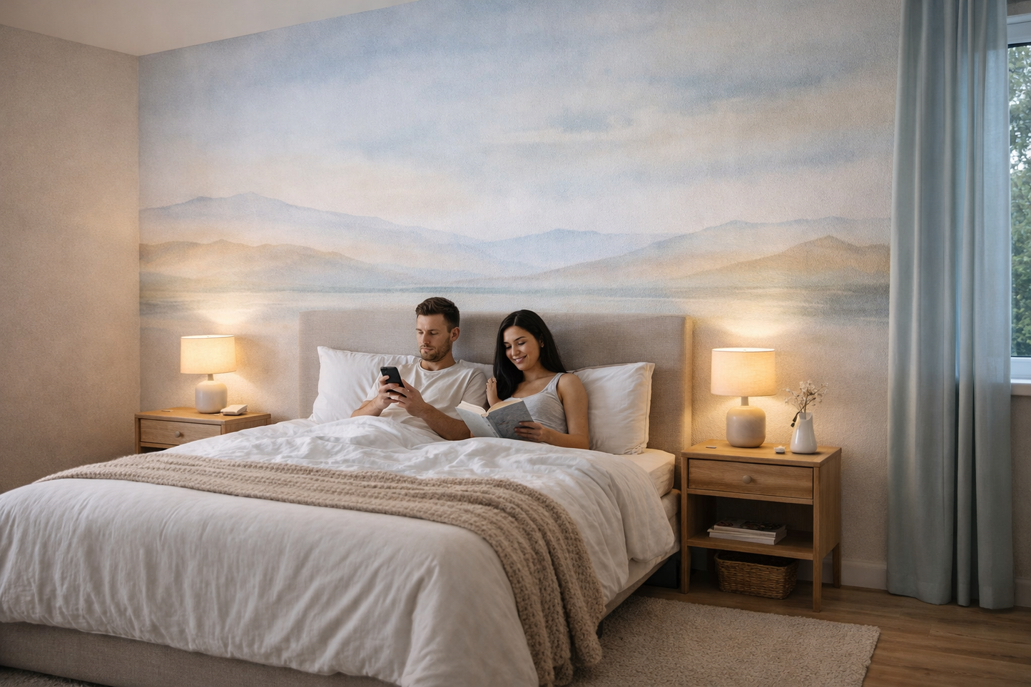 mural dormitorio paisaje tonos suaves