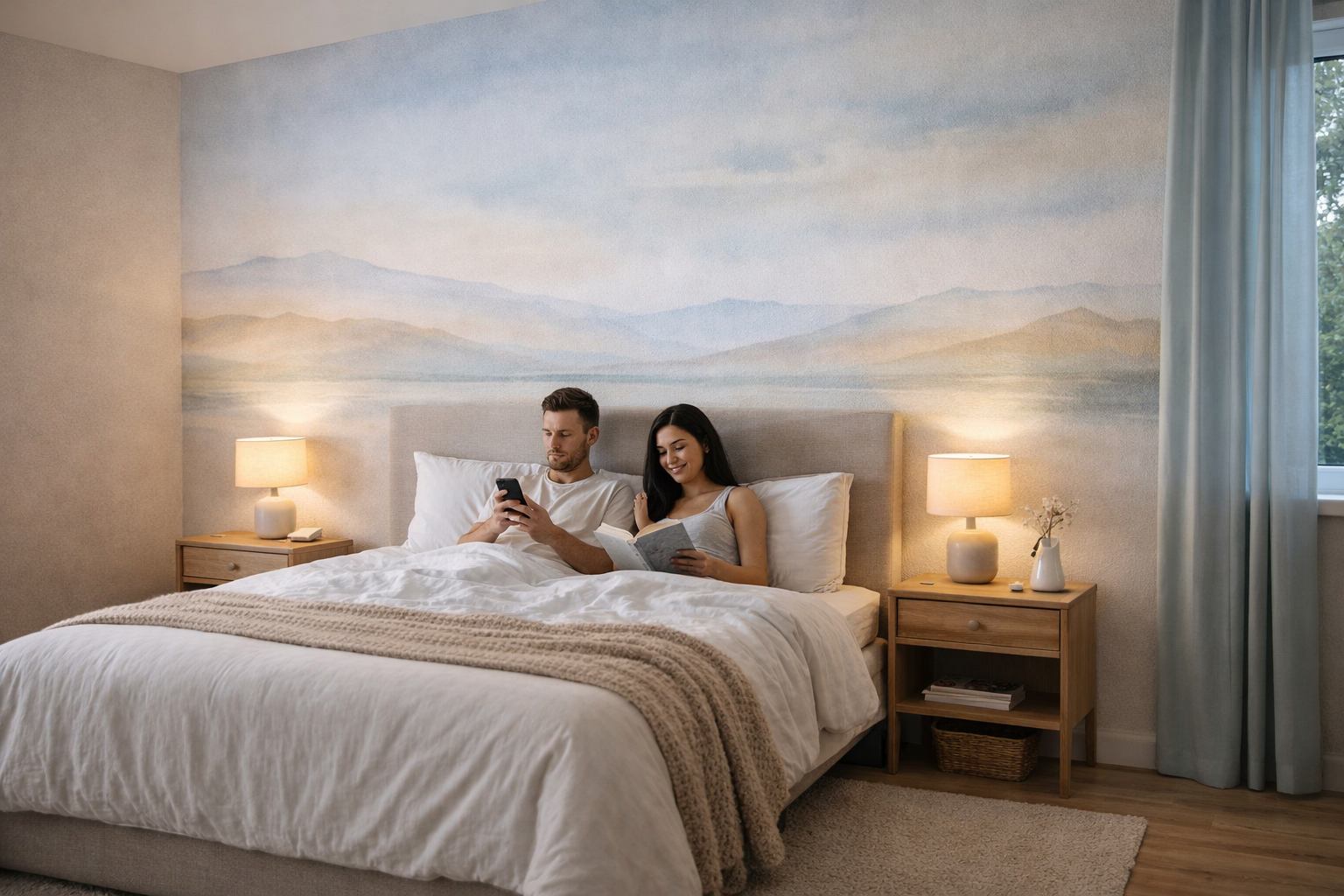 mural dormitorio paisaje tonos suaves