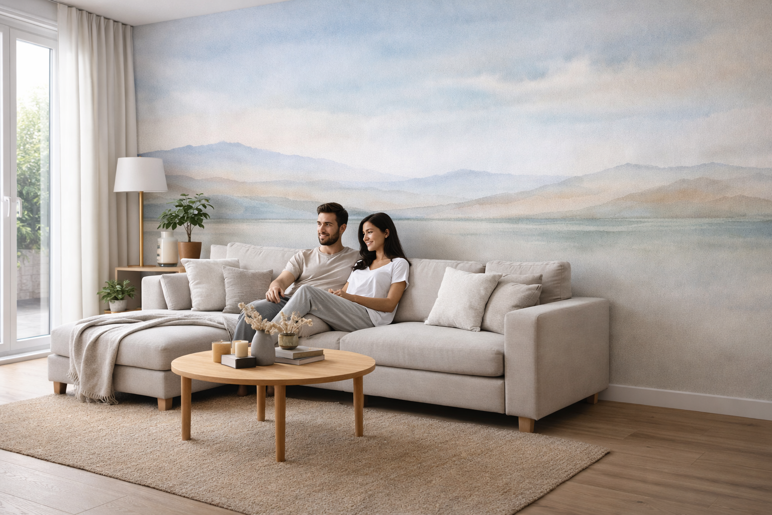 mural pared salon moderno tonos neutros