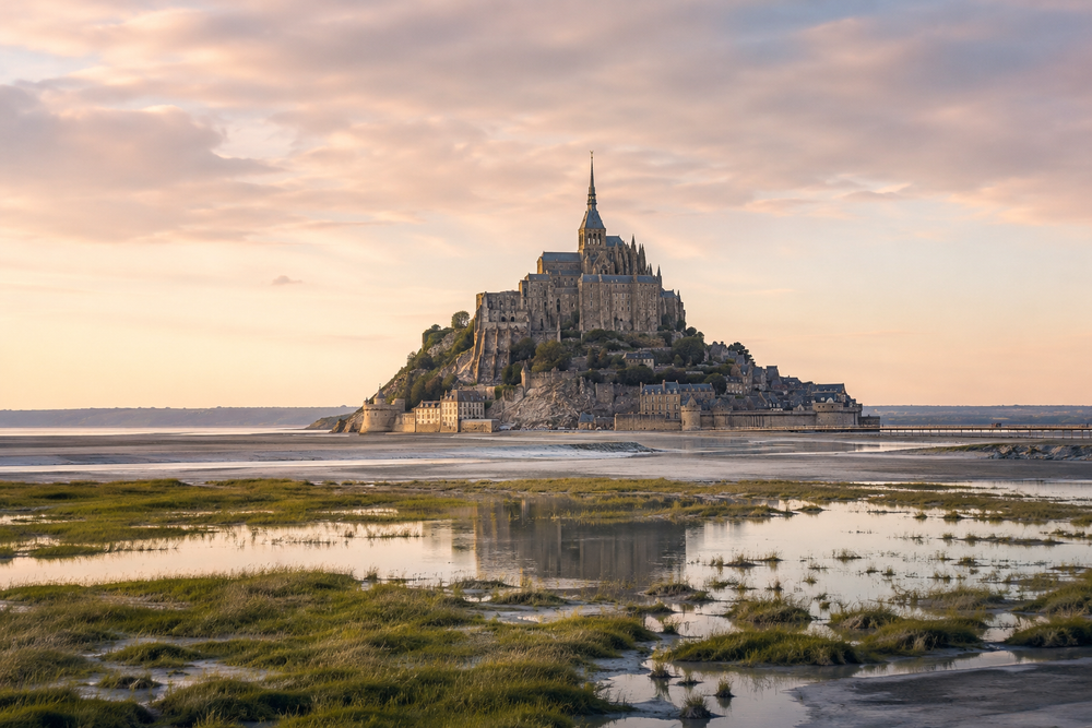 Vista de Mont Saint-Michel elevándose sobre la bahía de Normandía.