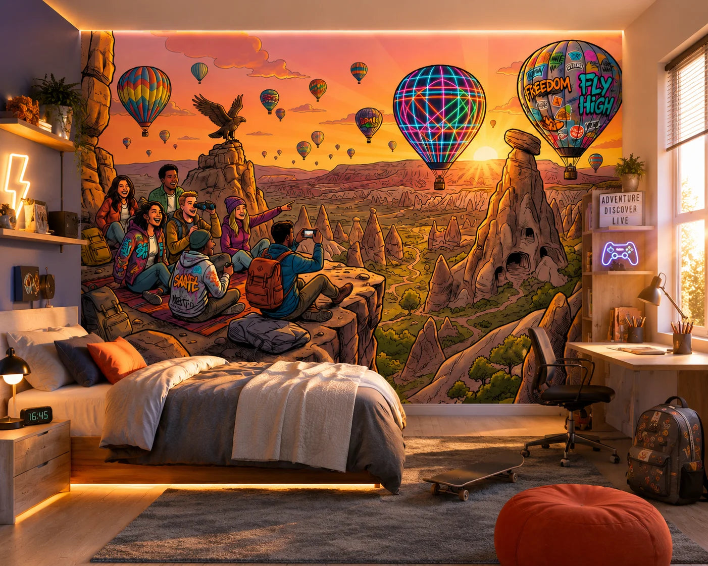 DH-MUR-015 - Mural de un grupo de jóvenes observando globos aerostáticos al amanecer en un paisaje rocoso.