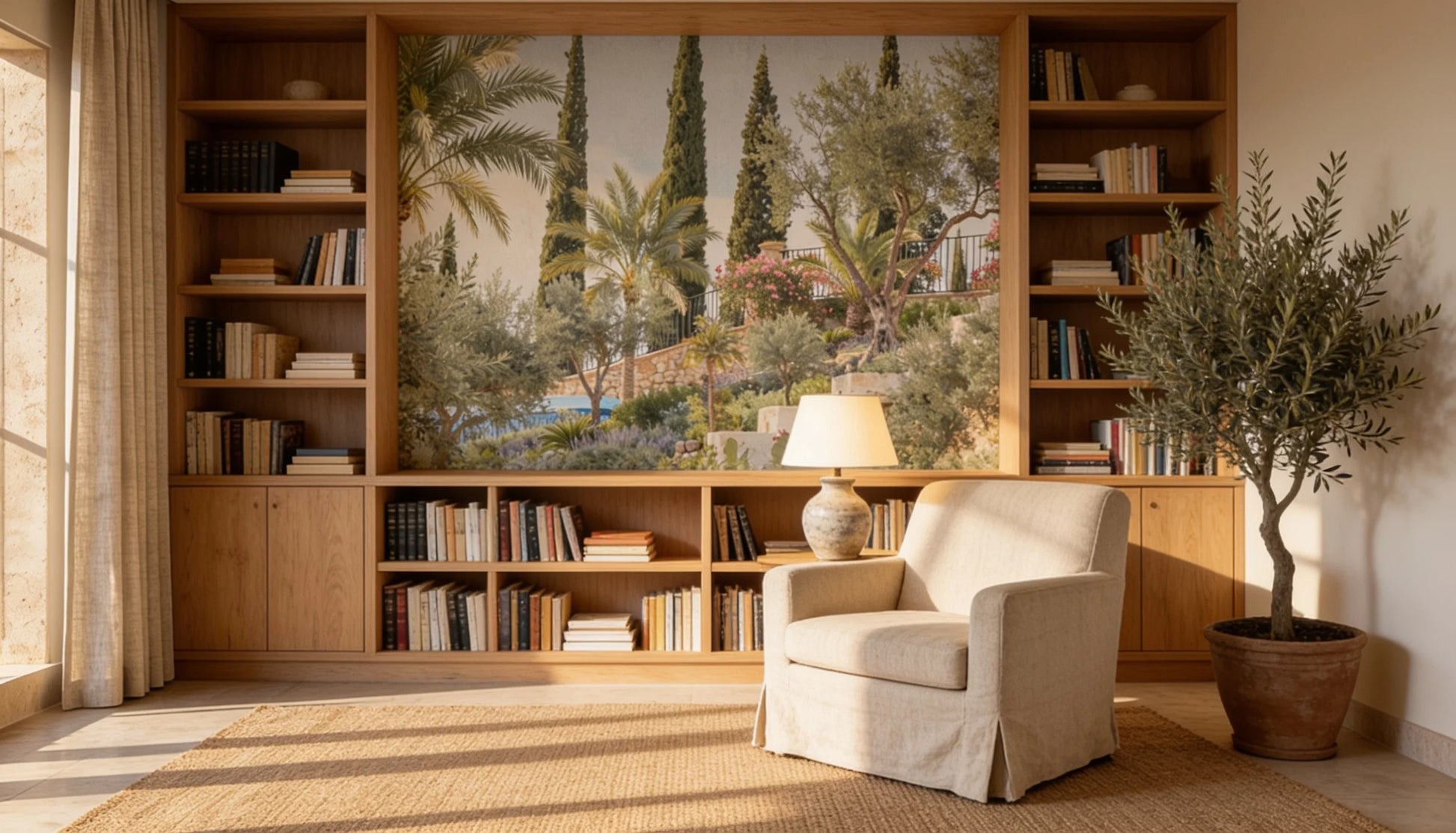 Mural Jardín Mediterráneo de Ibiza instalado en espacio de lectura de estilo mediterráneo con palmeras, buganvillas y arquitectura blanca