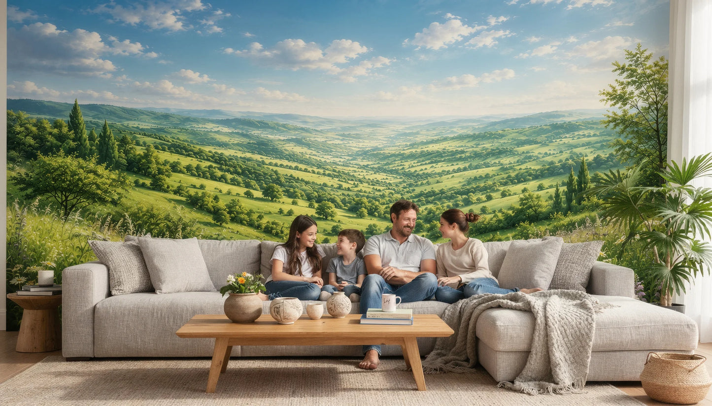 Fotomural Valle Verde Atmosférico instalado en salón familiar contemporáneo con decoración natural y vistas panorámicas