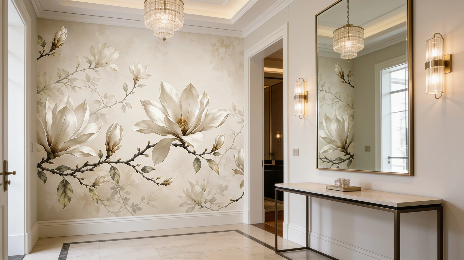 Magnolias de Marfil instalado en recibidor contemporáneo de estilo hotel boutique con mural floral elegante