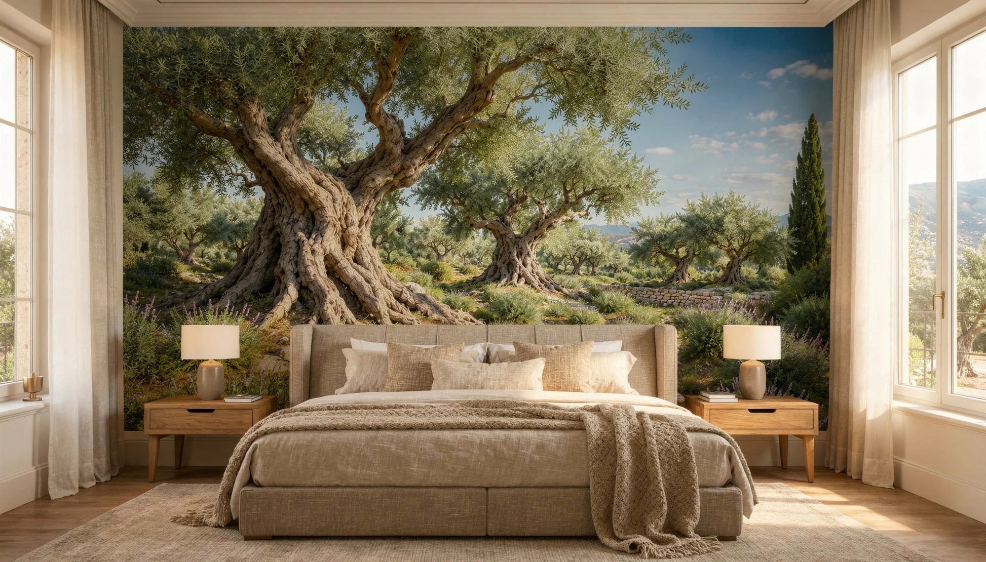 Mural Olivos Centenarios instalado en dormitorio principal de estilo mediterráneo premium