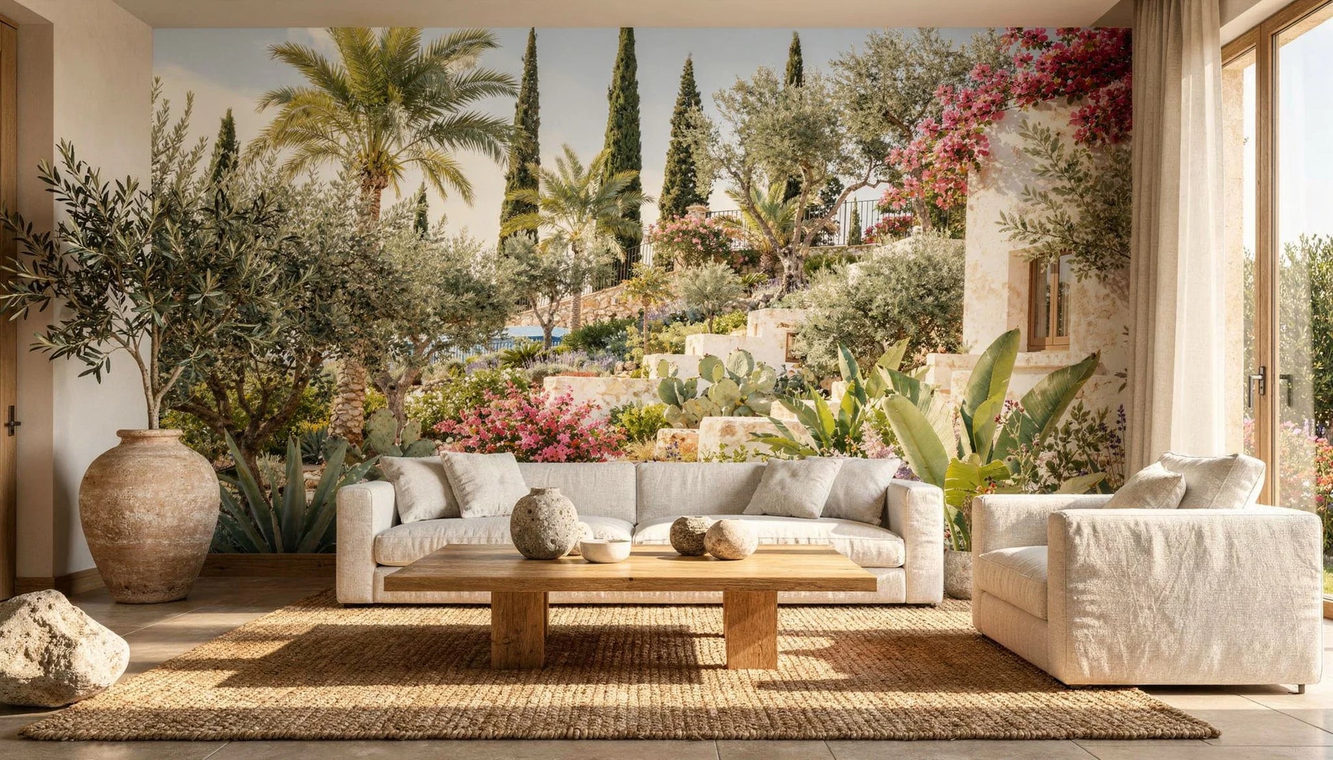 Mural Jardín Mediterráneo de Ibiza instalado en salón luminoso de estilo mediterráneo con palmeras, buganvillas y arquitectura blanca