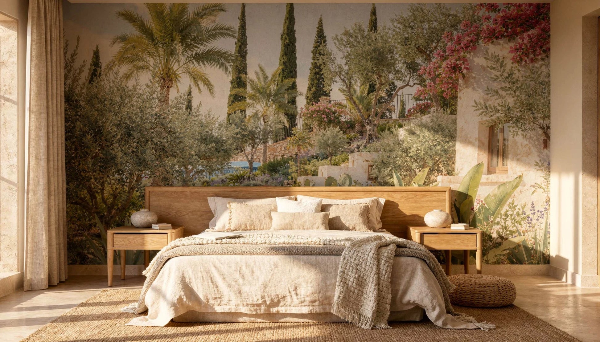 Mural Jardín Mediterráneo de Ibiza instalado en dormitorio luminoso de estilo mediterráneo con palmeras, buganvillas y arquitectura blanca