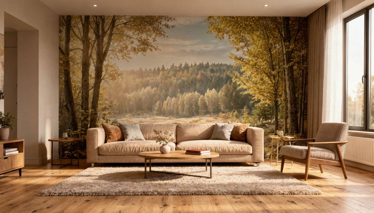 El Claro Dorado instalado en salón contemporáneo con decoración cálida y mural de bosque otoñal dorado