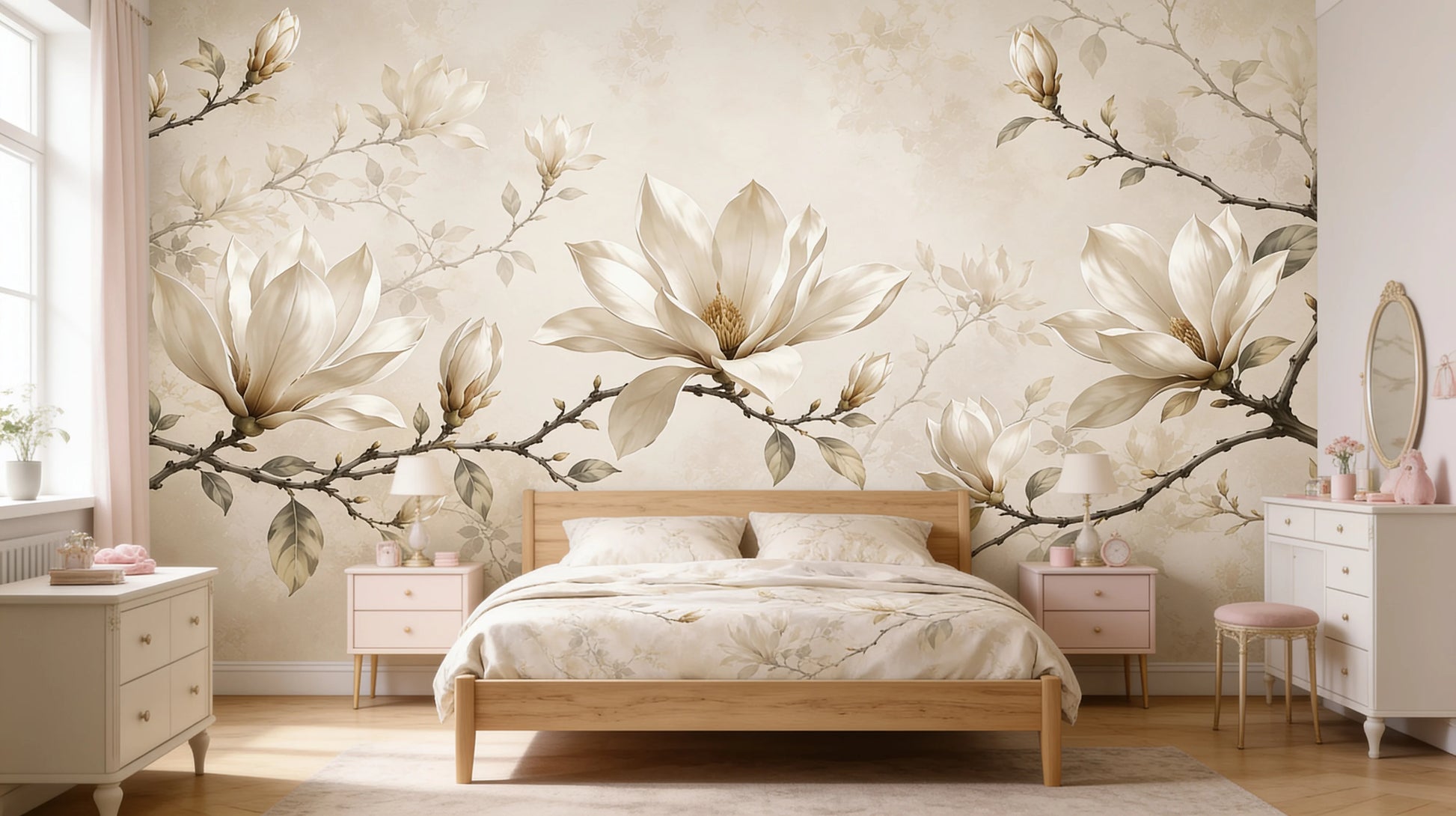 Magnolias de Marfil instalado en dormitorio juvenil femenino de estilo contemporáneo en tonos beige y marfil