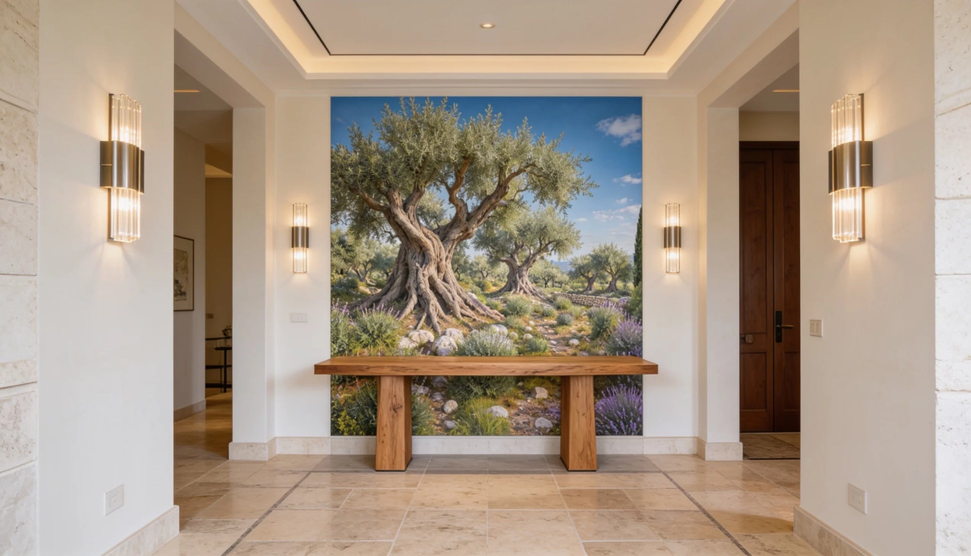 Mural Olivos Centenarios instalado en recibidor de villa mediterránea
