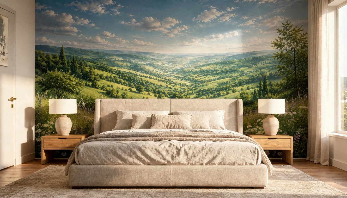 Fotomural Valle Verde Atmosférico instalado como cabecero panorámico en dormitorio premium de inspiración natural