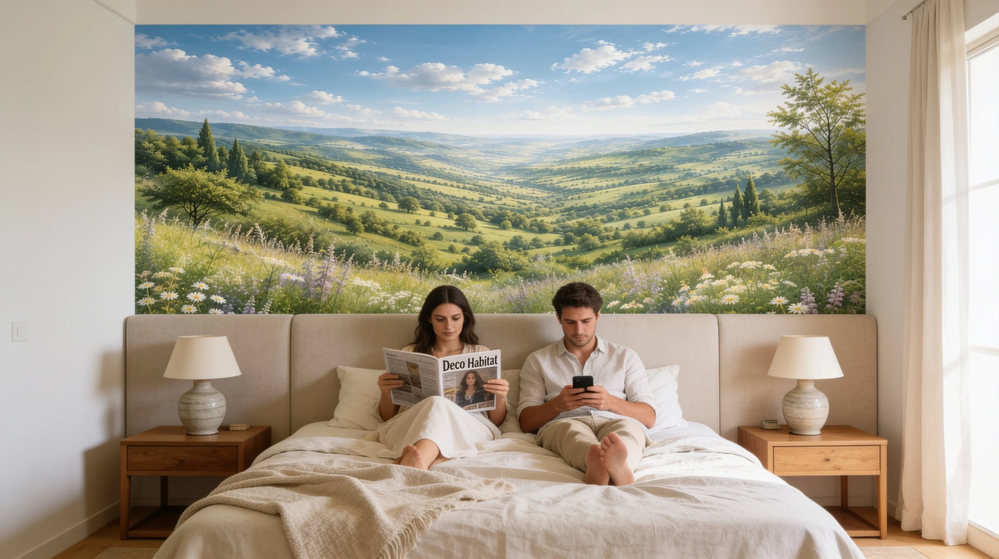 Fotomural Valle Verde Atmosférico en dormitorio principal de estilo cálido con pareja disfrutando de un ambiente relajante