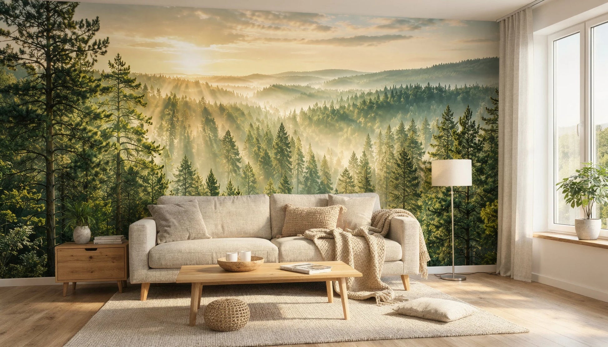 DH-MUR-017 - Mural de un paisaje forestal al amanecer con árboles, niebla y luz solar.