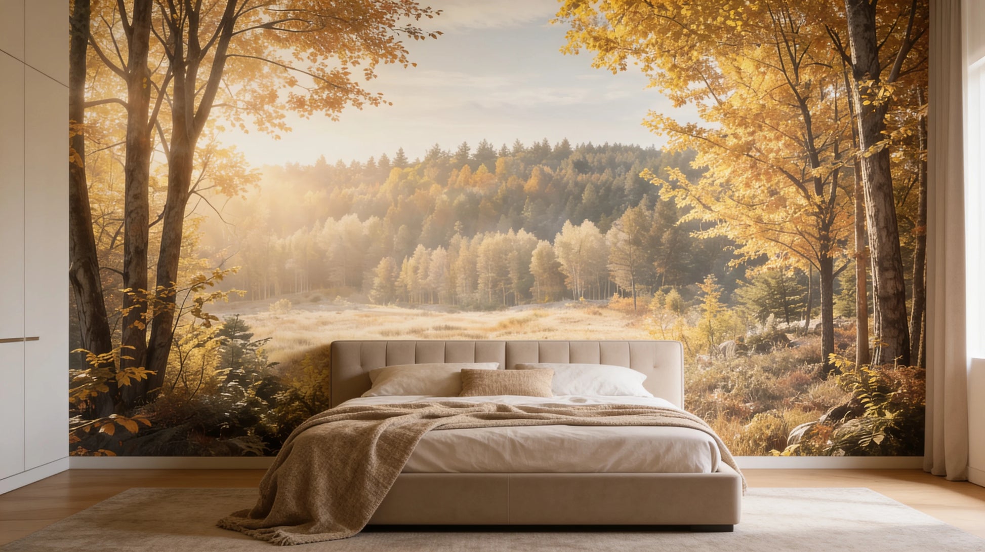 El Claro Dorado instalado en dormitorio principal elegante con mural de bosque otoñal dorado y luz natural
