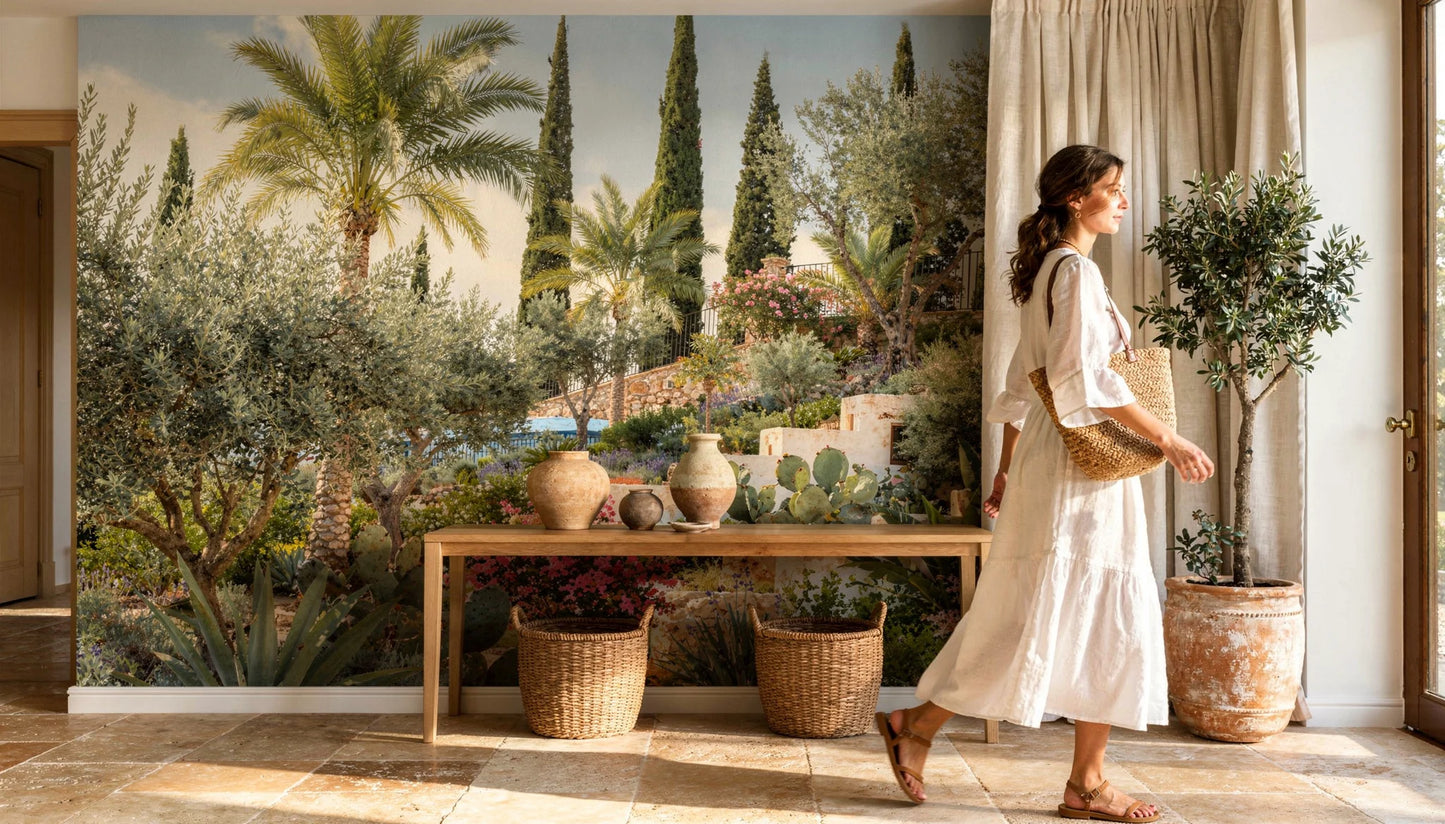 Mural Jardín Mediterráneo de Ibiza instalado en recibidor de estilo mediterráneo con palmeras, buganvillas y arquitectura blanca