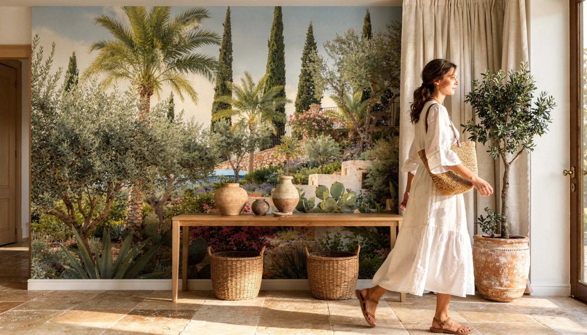 Mural Jardín Mediterráneo de Ibiza instalado en recibidor de estilo mediterráneo con palmeras, buganvillas y arquitectura blanca