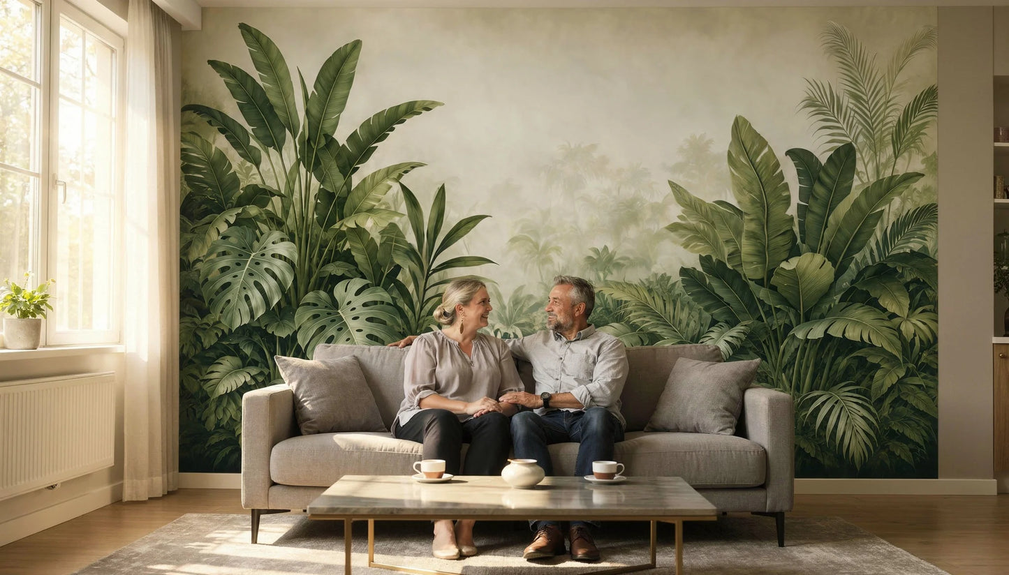 Jardín Botánico Infinito mural botánico premium en salón contemporáneo con pareja