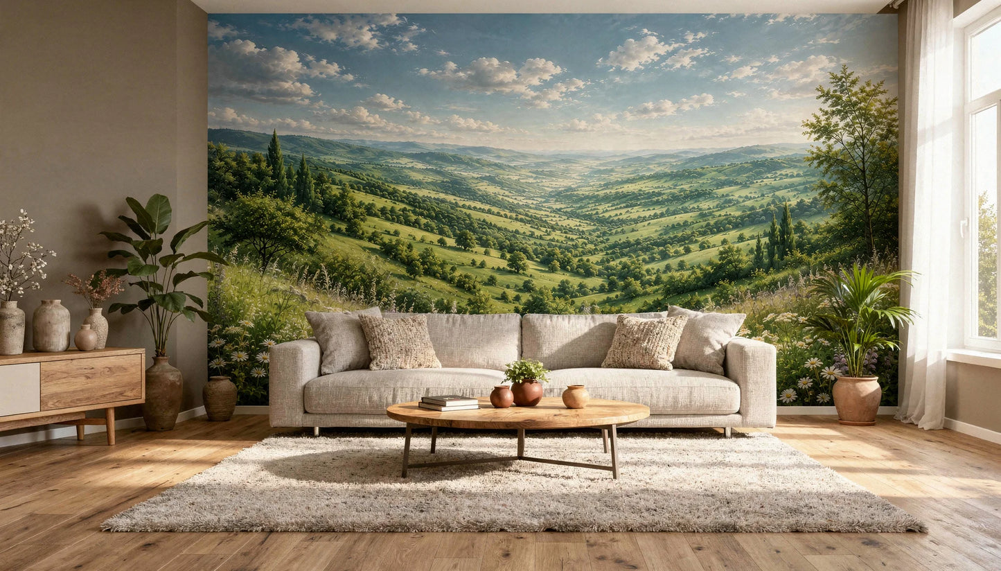 Fotomural Valle Verde Atmosférico en salón contemporáneo con decoración elegante y luz natural