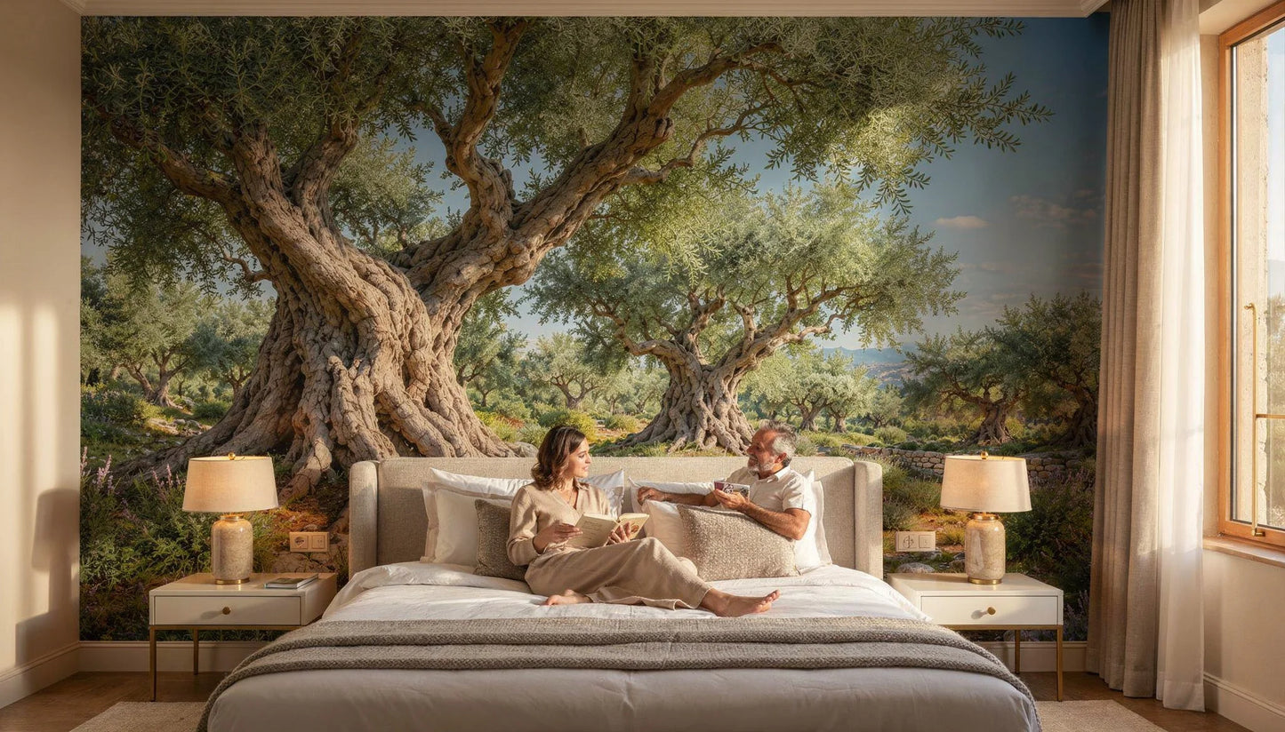 Mural Olivos Centenarios instalado en salón contemporáneo mediterráneo