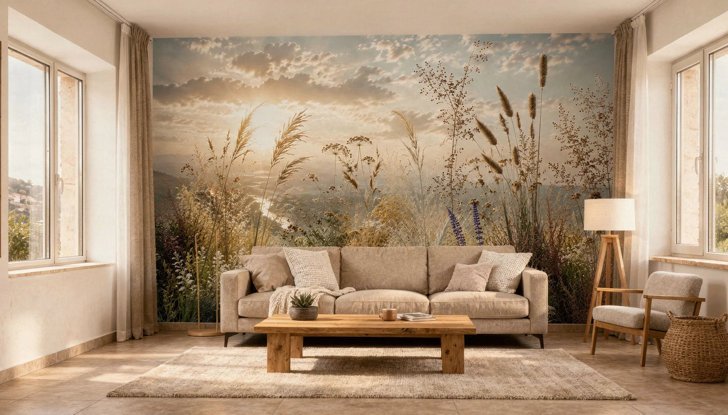 DH-MUR-022 - Mural de un campo de hierbas doradas al atardecer con cielo y nubes.