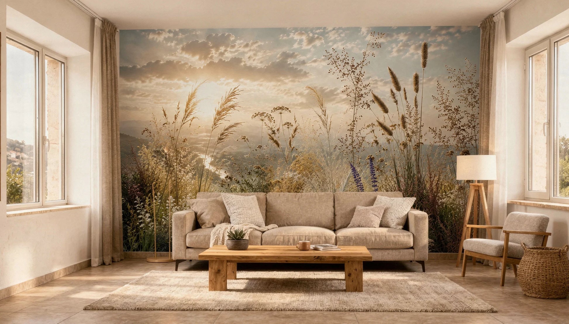 DH-MUR-022 - Mural de un campo de hierbas doradas al atardecer con cielo y nubes.