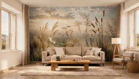 DH-MUR-022 - Mural de un campo de hierbas doradas al atardecer con cielo y nubes.