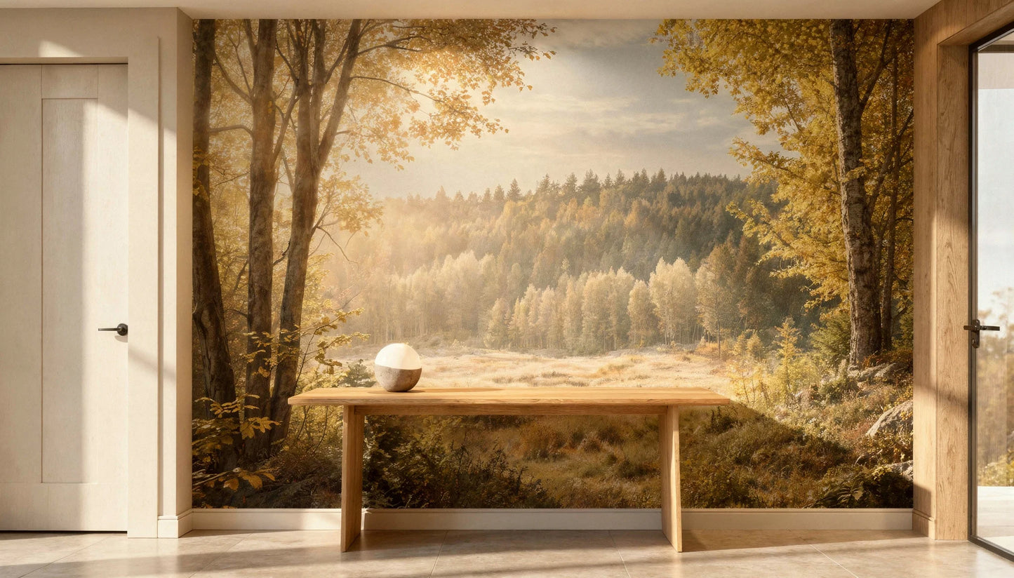 El Claro Dorado instalado en recibidor contemporáneo con mural de bosque otoñal dorado y tonos cálidos