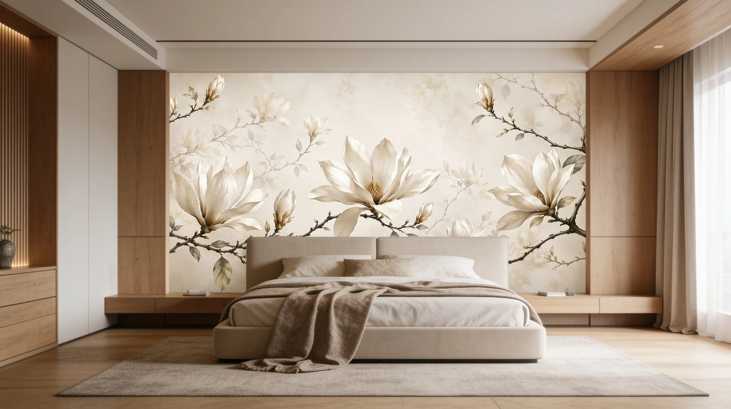 Magnolias de Marfil instalado en dormitorio principal contemporáneo con decoración elegante y tonos neutros