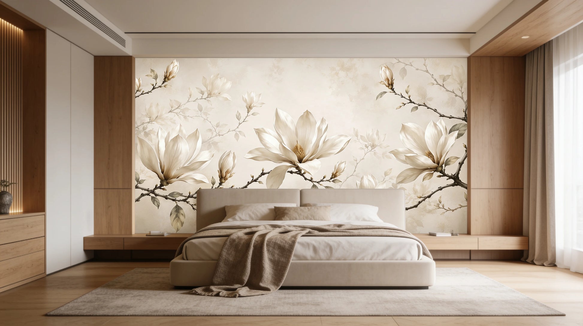 Magnolias de Marfil instalado en dormitorio principal contemporáneo con decoración elegante y tonos neutros