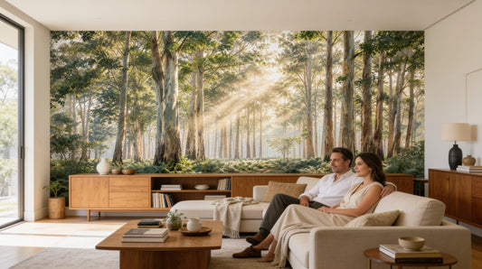 DH-MUR-018 - Mural de un bosque de eucaliptos con rayos de sol y helechos en el suelo.