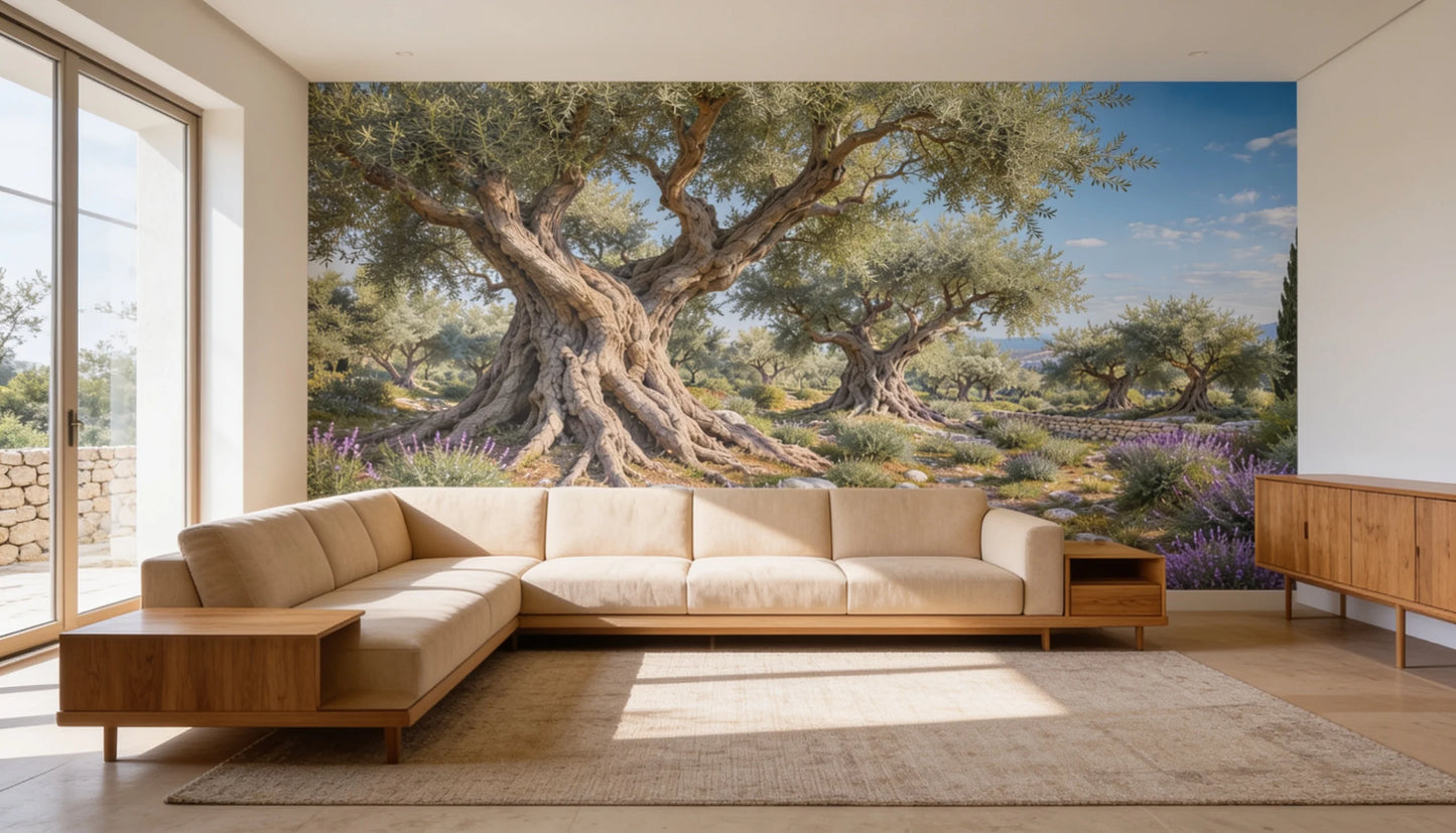 Mural Olivos Centenarios instalado en salón de estilo Japandi mediterráneo