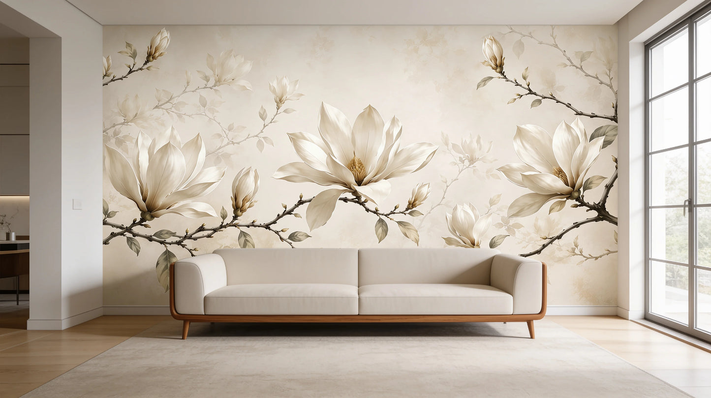 Magnolias de Marfil instalado en salón contemporáneo de estilo quiet luxury con tonos beige y marfil
