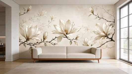 Magnolias de Marfil instalado en salón contemporáneo de estilo quiet luxury con tonos beige y marfil