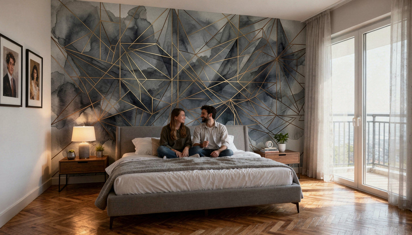 Vista de mural minimalista con formas orgánicas y degradados