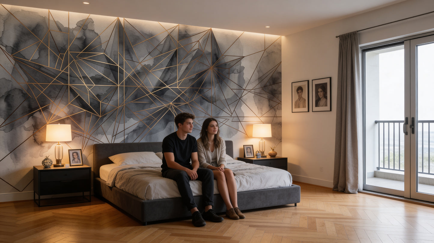 Ambiente decorado con mural de paisaje acuarela estilo zen