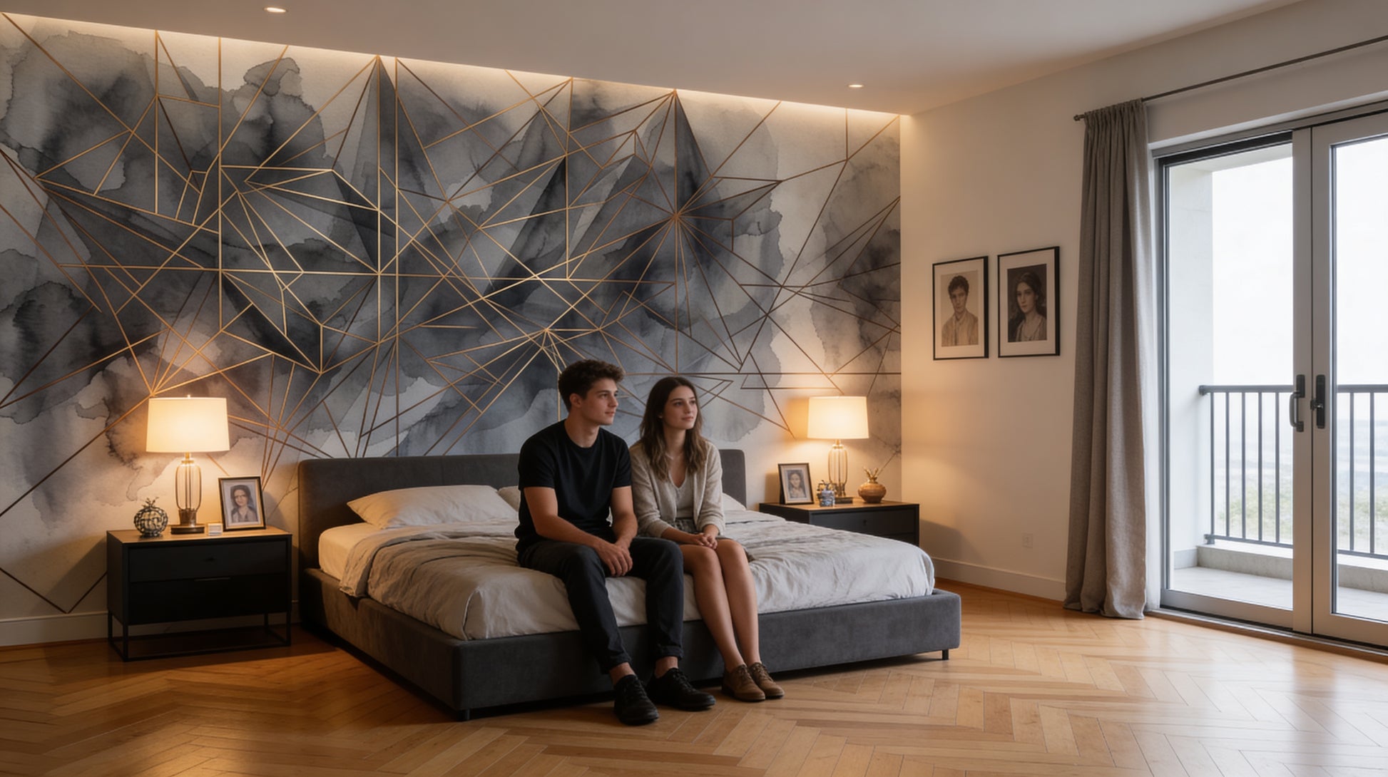 Ambiente decorado con mural de paisaje acuarela estilo zen